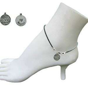 Black Leather Anklet ~ Virgo Zodiac Charm